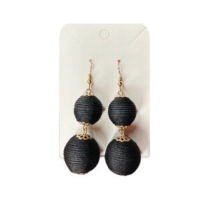 Black and Gold Textile Beaded Dangle Earrings with Gold-Tone Detail
